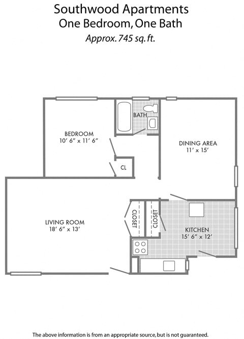 Floor plan for 1 bed, 1 bath, 745 sqft